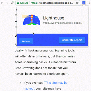 Установите расширение Chrome Lighthouse   Нажмите на выделенную иконку в панели расширения (маяк)   Выберите меню «Параметры», отметьте «SEO» и нажмите «ОК», затем «Создать отчет»