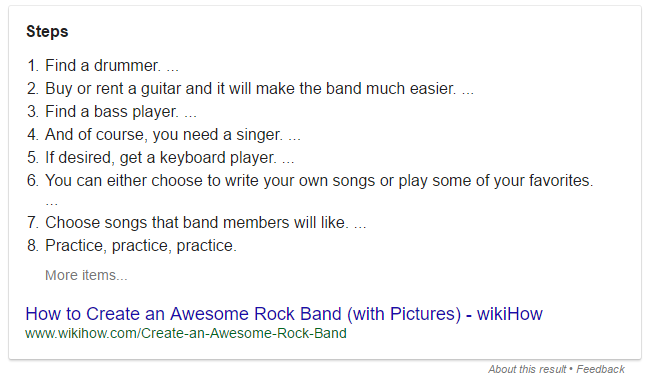 Когда я искал «как сформировать рок-группу», мне был представлен следующий фрагмент