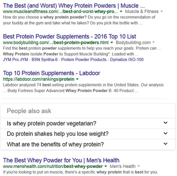 Например, если вы ищете в Google «лучший порошок сывороточного белка», только один из четырех лучших результатов содержит слова «лучший порошок сывороточного белка»
